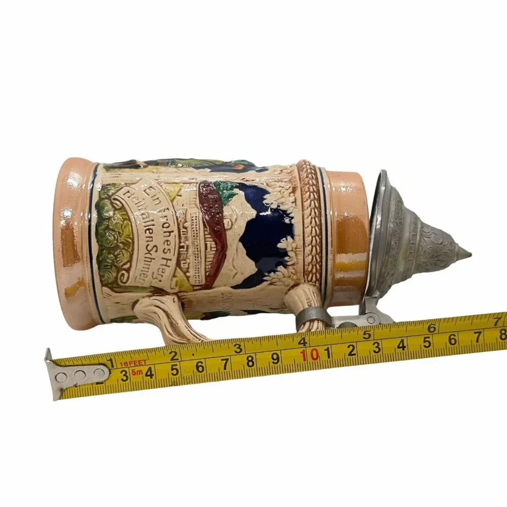 Antique Vintage German Beer Stein Heilt allen Schmerz Ein Frohes Herz 7 Inches